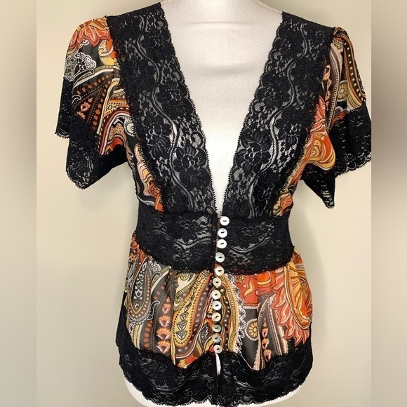 Pink Rose Boho Top Blouse Floral V-Neck Lace Short  Flutter Sleeve Size Large - Picture 1 of 8